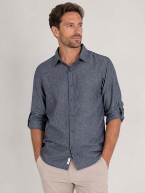Linen Blend Chambray Button-Down Shirt Blue Size M Onia Men’s